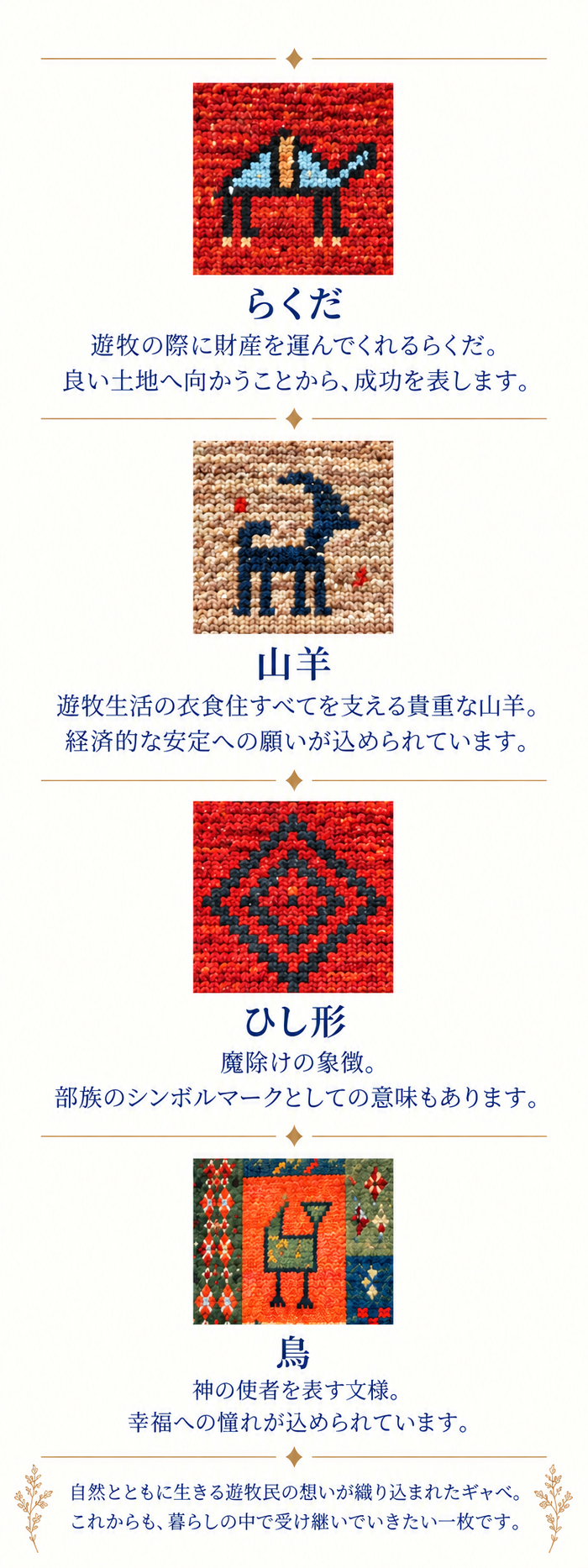 文様に込められた思いや願い。らくだ・山羊・ひし形・鳥の意味。